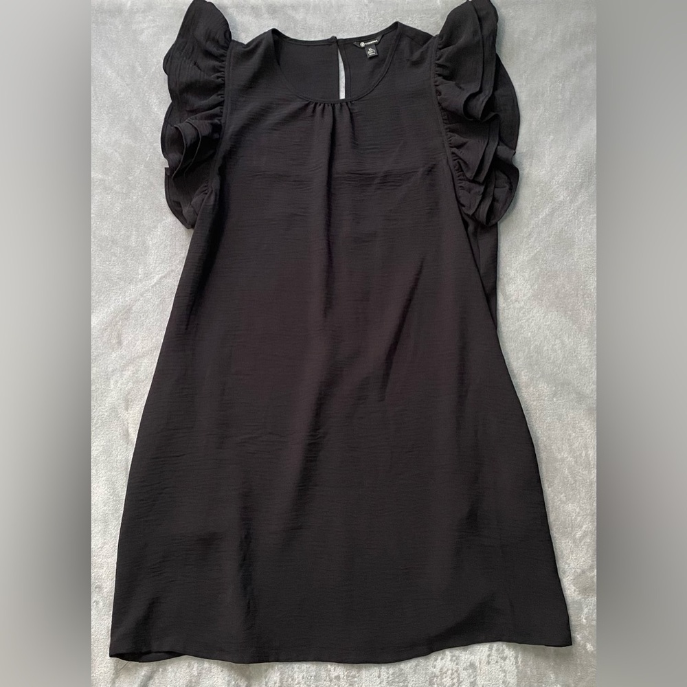 Versona Black Mini Dress with Ruffle Sleeves length: 35 inches